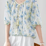 Casual Fresh Tie Waist Floral Printed Blouse