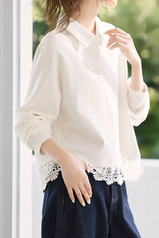 Versatile Fashionable Lace Patchwork Polo Sweatshirt - liwisi