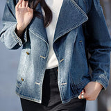 Exquisite Commuter Cropped Denim Jacket With Oversized Lapels & Metal Buttons