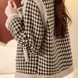 Lapel Collar Eco Fur Decor Houndstooth Jacket