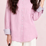 French Casual Lapel Long Sleeve Blouse With Striped Spliced Cuffs