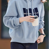 Casual Hooded Drawstring Letter Drop‑Shoulder Long‑Sleeve Sweatshirt