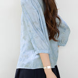 French Elegant Ruffle Collar Single-breasted Printed Mid-sleeve Blouse