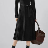 Bottle Neck Pleated Docking Knit Dress - 2 Colors Available
