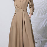 Elegant Commuter Lapel Waist-Cinched Long-Sleeve Shirt Dress