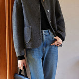 French Vintage Binding Round Neck Single Breasted Long Sleeve Wool Coat