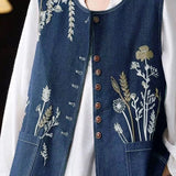 Elegant Commuter Denim Crew Neck Sleeveless Vest With Botanical Floral Embroidery