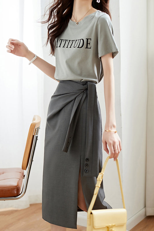 二点セット　ラウンドネックロゴプリントTシャツ＋サイドボタンベルトロングスカート　裏地付 - liwisi