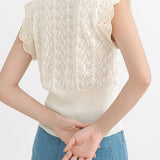 Round Neck Openwork Scalloped Sleeve Knit