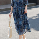 Elegant Gathered Crew Neck Printed Three-Quarter Sleeve Dress