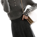 Elegant Commuter Mock Neck Knit Base Layer With Pearl Buttons