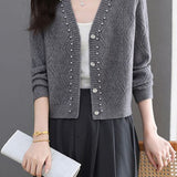 Exquisite Elegant V-Neck Rhombus Texture Beaded Knit Cardigan