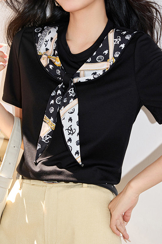ラウンドネックスカーフ装飾Tシャツ - liwisi
