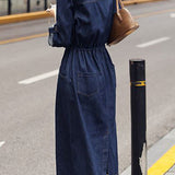 Casual Lapel Drawstring Tie Long Sleeve Denim Dress
