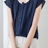 Delicate Lace Collar Pleated Short Sleeve Blouse