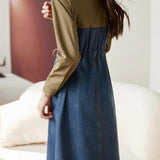 Notch Lapel Color Denim Contrast Drawstring Dress