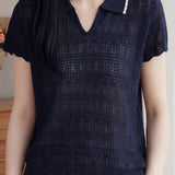 Casual Elegant Tencel Linen Hollow-out Polo Collar Short Sleeve Knit Top