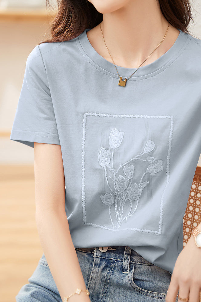 ラウンドネックフラワー刺繡Tシャツ - liwisi