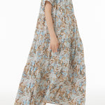 バンドカラー花柄ロングティアードワンピース　3色入 - liwisi