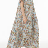 バンドカラー花柄ロングティアードワンピース　3色入 - liwisi