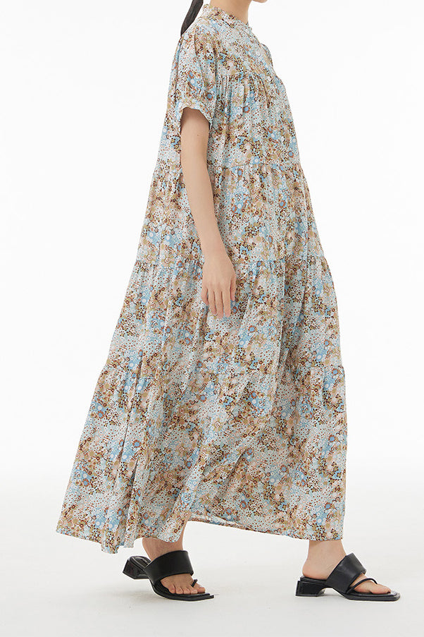 バンドカラー花柄ロングティアードワンピース　3色入 - liwisi
