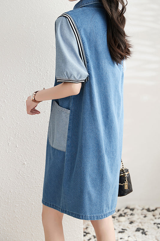 シャツカラー異色切替デニムシフトワンピース - liwisi