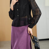 Round Neck Openwork Long Sleeve Cardigan with Lining - 2 Colors Available