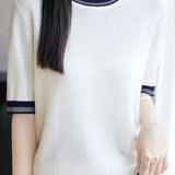 Elegant Commuter Contrast Double Stripe Crew Neck Short-Sleeve Knit T-Shirt