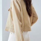 Casual Commuter Cropped Thin Long-Sleeve Cargo Jacket With Stand Collar & Double Patch Pockets