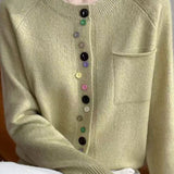 Elegant Round Neck Irregular Color Button Knit Cardigan