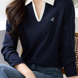 Contrasting Skipper Collar Logo Embroidered Long Sleeve T-Shirt