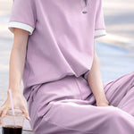 Casual color-block short-sleeve long pants two-piece set. - liwisi