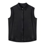 Mixed Material Side Slit Placket Satin Shirt