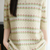Exquisite Commuter Diamond Hollow Jacquard Crew Neck Elbow Sleeve Knit Top