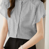 Minimalist Commuter Black And White Striped Stand Collar Blouse