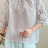 Casual Ramie Embroidered Short Sleeve Shirt