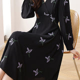 V-Neck Lavender Embroidered Tie Belted Dress