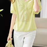V-Neck Front Button Decor Drawstring Gathered Blouse - 3 Colors Available