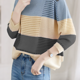 Color-Blocked Loose Striped Hollow-Out Long-Sleeve Knit Top