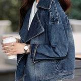 Exquisite Commuter Cropped Denim Jacket With Oversized Lapels & Metal Buttons