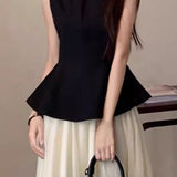 Elegant Mature Two-Piece Set: Sleeveless Top & Black-White Midi Skirt