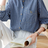 Elegant Casual Color‑Blocked Lapel Long‑Sleeve Striped Shirt