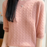 Elegant Commuter Crew Neck Cable Knit Pullover Five-Quarter Sleeve Top