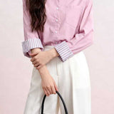 French Casual Lapel Long Sleeve Blouse With Striped Spliced Cuffs