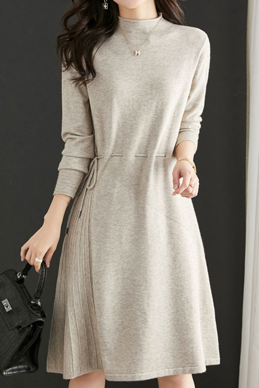 Off Neck Drawstring Flare Knit Dress - 3 Colors Available - liwisi