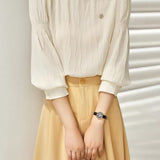 Ruffled Collar Flower Brooch Decor Striped Blouse - 3 Colors Available
