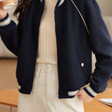 Casual Waffle Baseball Collar Color‑Block Striped Jacket