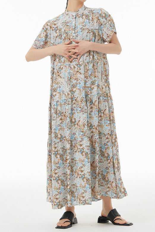 バンドカラー花柄ロングティアードワンピース　3色入 - liwisi