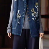 Elegant Commuter Denim Crew Neck Sleeveless Vest With Botanical Floral Embroidery