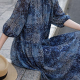 Elegant Gathered Crew Neck Printed Three-Quarter Sleeve Dress